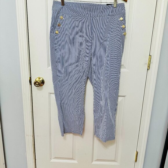 COUNTERPARTS BLUE AND WHITE STRIPED MID RISE CROPPED PANTS - Picture 1 of 6